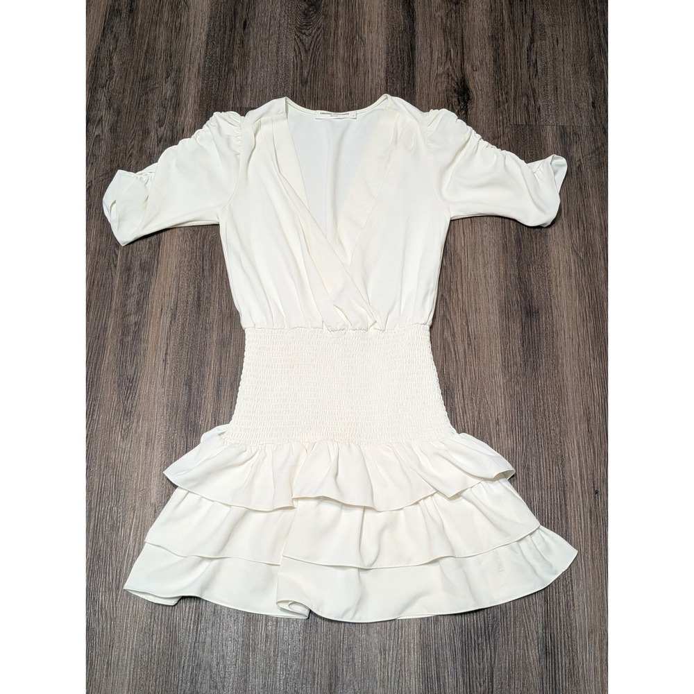 Amanda Uprichard Ivory Dress XS V Neck Ruffle Smocked Mini Party READ!